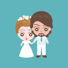 Groom holding hand with Bridge, lover couple in wedding costume concept, flat design vector
