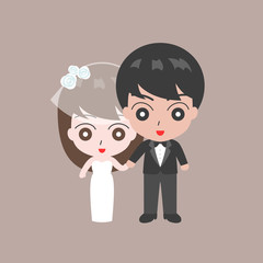 Groom holding hand with Bridge, lover couple in wedding costume concept, flat design vector