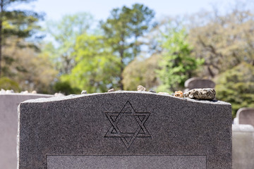 Headstone in Jewish Cemetery with Star of David and Memory Stones - 145749259