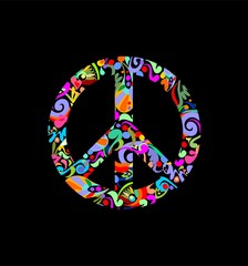 T-shirt print with peace symbol with abstract colorful pattern