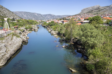 Neretva River viewed from the bridge in Mostar
