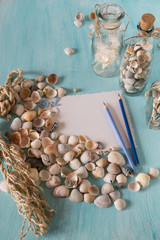 Seashells with sheets of paper  and pen on a blue background. Place for photos, place for text and inscriptions