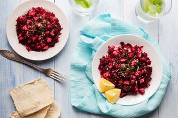 Beetroot salad with feta cheese, sesame and lemon