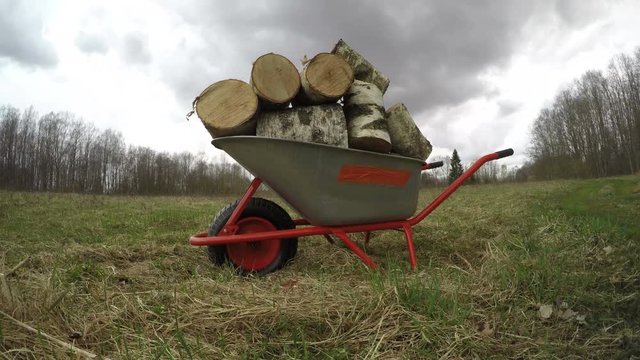 New wheelbarrow on farm field full firewood and clouds motion, time lapse 4K