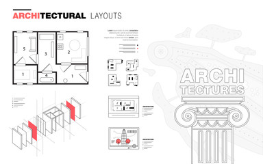 Architectural layouts in Trendy polygonal  line composition. Thin icons of buildings. Professional projects drawing. Awesome contour geometry style with pictogram of future for your design.