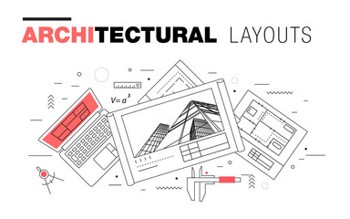 Architectural layouts in Trendy polygonal  line composition. Thin icons of buildings. Professional projects drawing. Awesome contour geometry style with pictogram of future for your design.