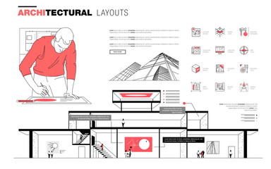 Architectural layouts in Trendy polygonal  line composition. Thin icons of buildings. Professional projects drawing. Awesome contour geometry style with pictogram of future for your design.
