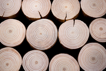 Pattern from several transverse pine saw cuts on black background.
