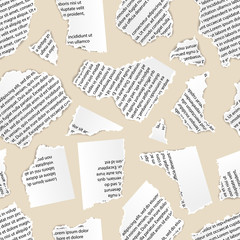 White torn paper pieces of text document, seamless pattern