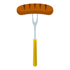 Grilled sausage on bbq fork icon isolated