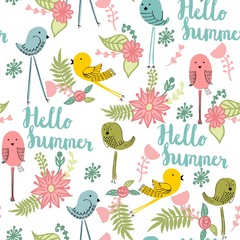 Vector seamless pattern with birds and flowers. Hello summer