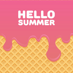 Hello Summer letters in Ice cream pattern cream and wafle texture vector illustration