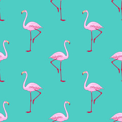 Vector pink flamingo bird seamless pattern. Hand drawn sketch with the wild animal