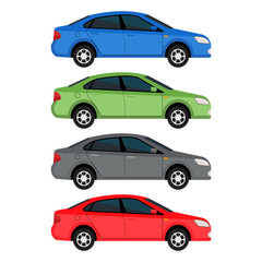 Sedan cars set isolated on white background. Side view vector illustration.