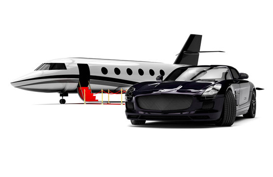 Private Jet and private sport car  / 3D render image representing an sport car with a red carpet and an airplane 