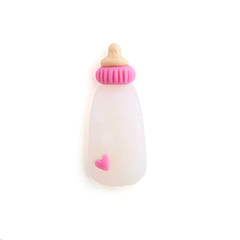 3d handmade pink baby bottle plasticine isolated on white background. Cute cartoon figures handicraft for clay plastiline