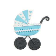 3d handmade blue baby carriage plasticine isolated on white background. Cute cartoon figures handicraft for clay plastiline