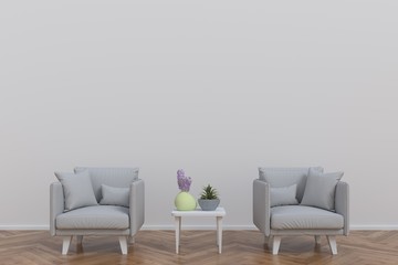 In the room with armchairs and a table for pasting wood ornament,3D rendering