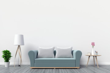 Neutral living room interior with fabric sofa, pillows on clear white wall background. 3D rendering.