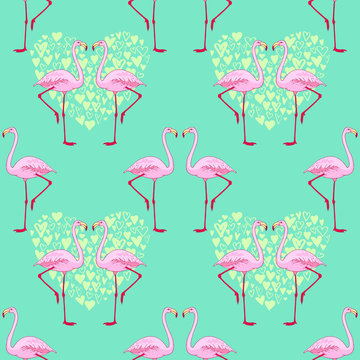 Vector pink flamingo bird seamless pattern. Hand drawn sketch with the wild animal. Romantic Valentines day style design with birds and hearts