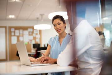 Businesswoman discussing with male colleague in office