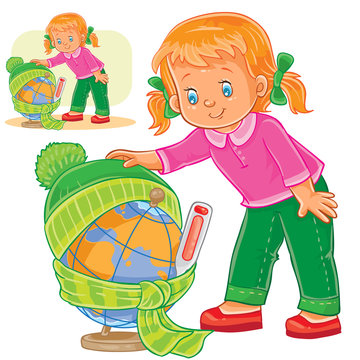 Vector illustration of a little girl measuring the temperature of a globe and dressing it in warm clothes, concept of environmental protection. Print