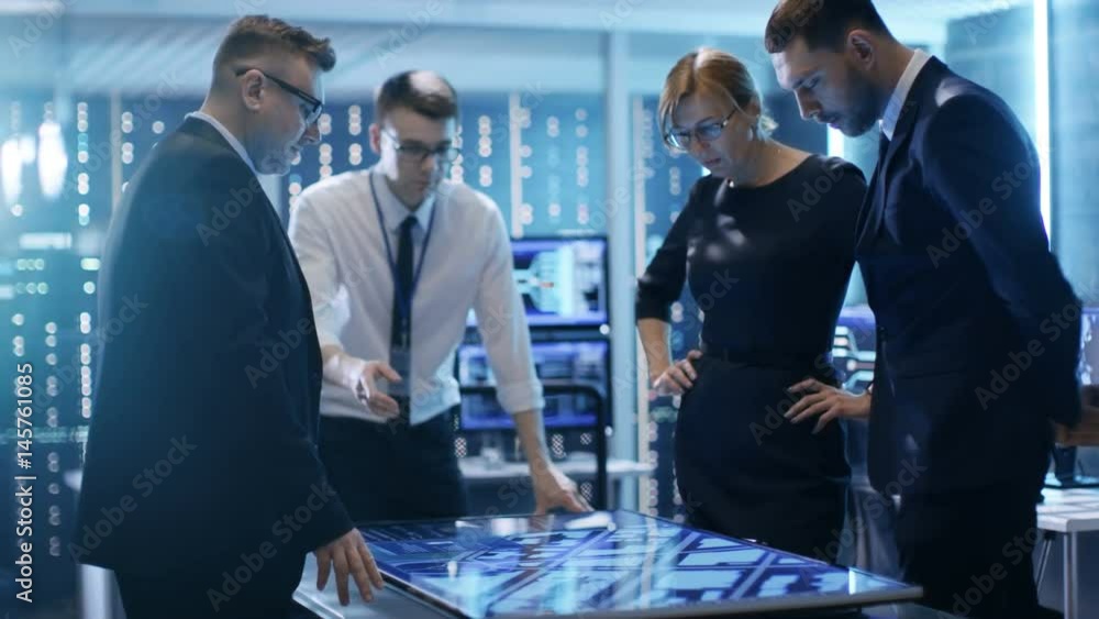 Poster team of government investigators tracing criminal with help of touchscreen interactive table in big 