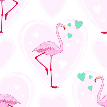 Vector pink flamingo bird seamless pattern. Hand drawn sketch with the wild animal. Romantic Valentines day style design with birds and hearts