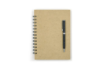 Brown notebook with a black pen on white background