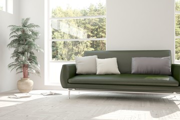 White room with sofa and green landscape in window. Scandinavian interior design. 3D illustration