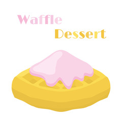 Belgian waffle with cream, tasty breakfast in cartoon flat style