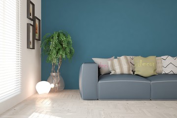 Blue modern room with sofa. Scandinavian interior design. 3D illustration