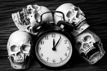 Genocides, Skull on wooden background / Still life style / Black and White