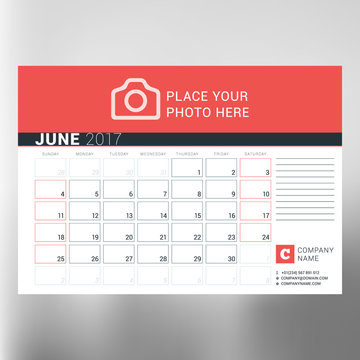 Calendar planner template for June 2017. Week starts Sunday. Design print vector template isolated on blurred background