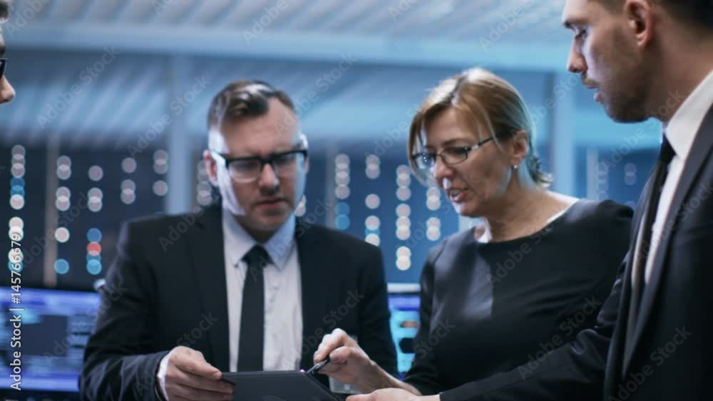 Aufkleber  Team of System Analysts Have Meeting in Monitoring Room. They Consult Data on Tablet Computer and Analyse it. Computers in the Room Have Various Information on Their Screens.