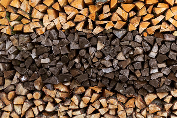 Abstract photo of pile of natural wooden background, wall firewood, wood texture.
