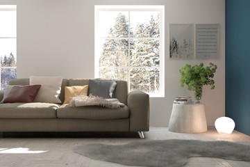 White room with sofa and winter landscape in window. Scandinavian interior design. 3D illustration