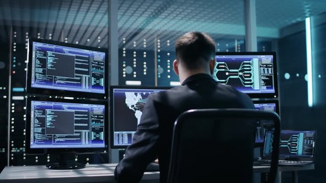 Back View of Technical Controller/ Operator Working at His Workstation with Multiple Displays. Possible Power Plant/ Airport Dispatcher/ Dam Worker/ Government Surveillance/ Space Program