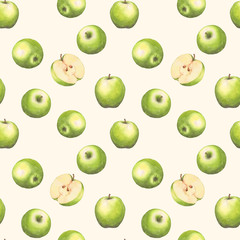 Hand-drawn watercolor seamless pattern with green apples on the white background. Repeated background.