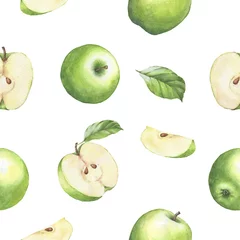 Tapeten Aquarellfrüchte Hand gezeichnetes nahtloses Muster mit grünen Äpfeln des Aquarells. Äpfel und Blätter auf dem weißen Hintergrund.