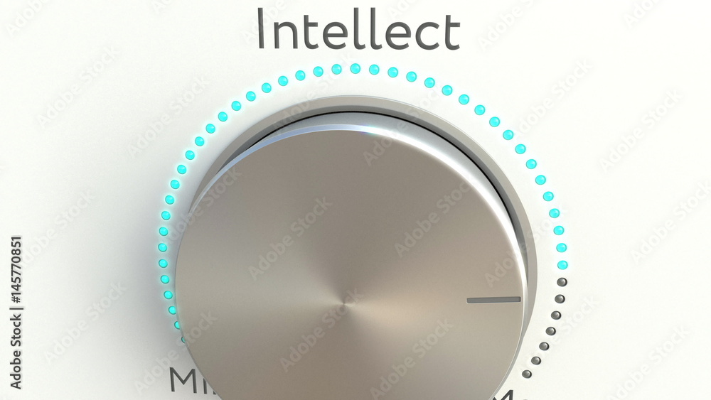 Poster rotating knob with intellect inscription. conceptual 3d rendering