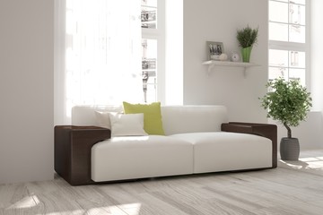 White modern room with sofa. Scandinavian interior design. 3D illustration