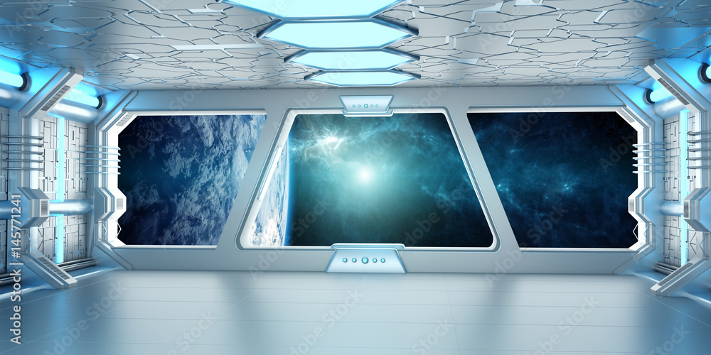 Poster spaceship interior with view on the planet earth 3d rendering elements of this image furnished by na