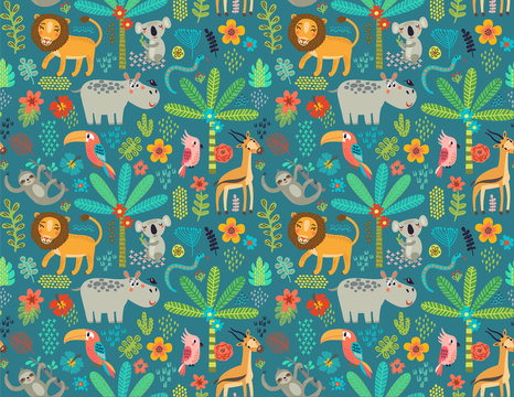 Seamless pattern with jungle animals