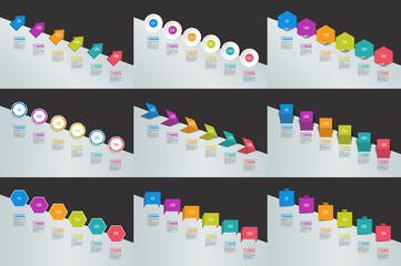 Mega set of Infographics timeline banners, charts. Step by step report templates. Vector.