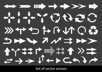 Vector set of white arrows on black background.