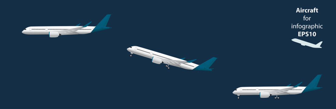 Aircraft at the airport, during take-off and in flight. Airplane for infographic. Vector illustration