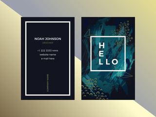 Template of double sided business card in emerald color. Dark green and white. Artistic texture. Brush strokes. The cover and reverse side. Strict style. Suitable for use for the graphic designer.
