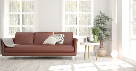 White room with sofa and green landscape in window. Scandinavian interior design. 3D illustration