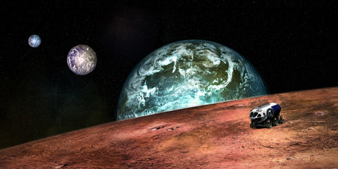 Extremely detailed and realistic high resolution 3D image of a Space Exploration Vehicle on an Exoplanet. Shot from outer space. Elements of this image are furnished by NASA. © Sasa Kadrijevic